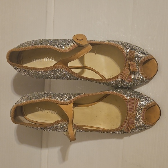 Miu Miu Shoes - Miu Miu Silver Tan Glitter Mary Jane Open Toe Pumps Size 40